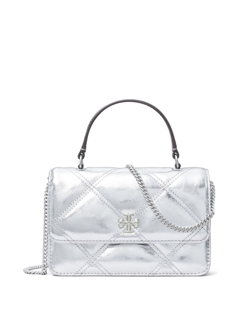 Tory Burch Mini Kira metallic handtas met kettinghengsel en diamantvormige voering Zilver