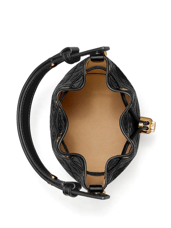 Tory Burch スワロフスキー装飾 バケットバッグ ブラック Tモノグラム エンベリッシュ ミニバケットバッグ: レディース