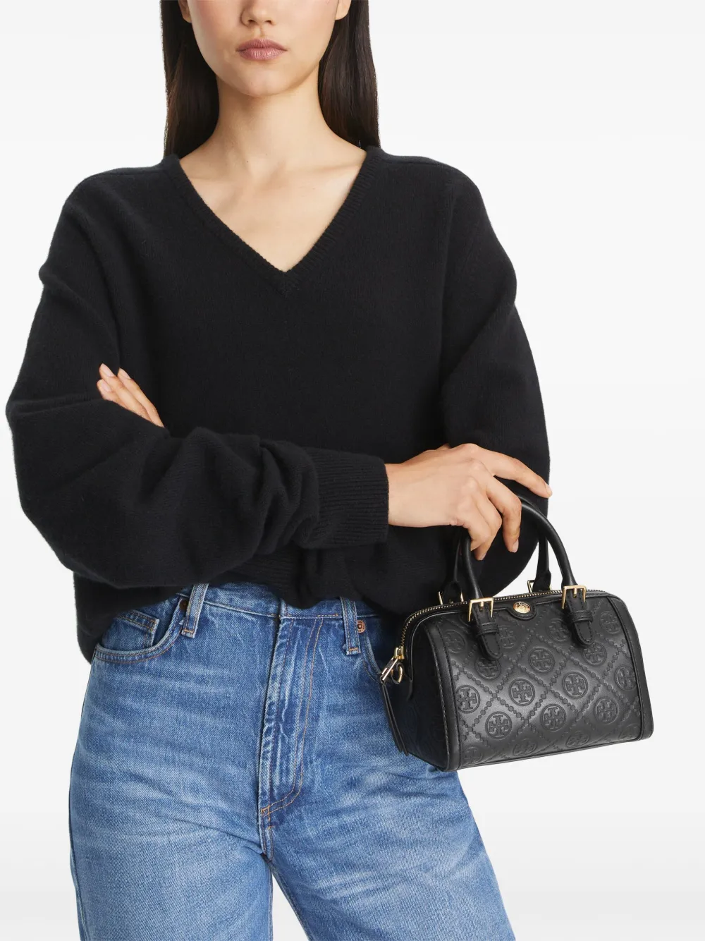 Tory Burch petite T Monogram barrel bag - Zwart