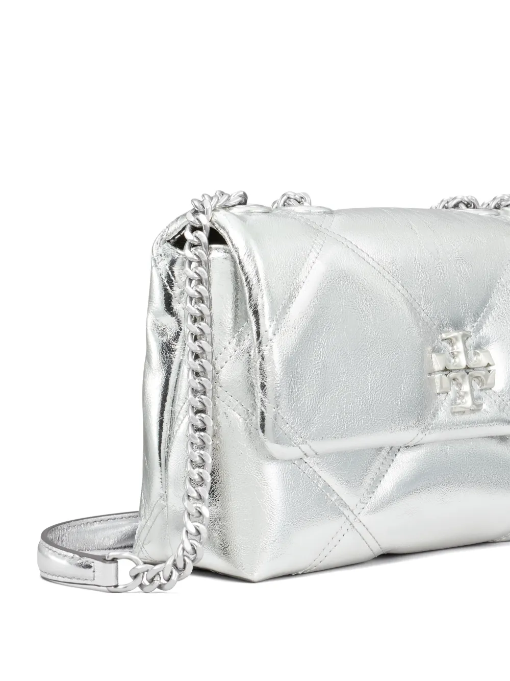 Tory Burch Kira metallic verstelbare schoudertas met diamantvormige voering Zilver