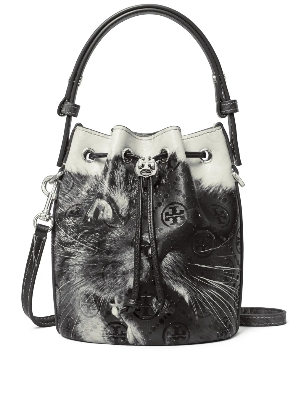 Tory Burch Kleine bucket-tas met kattenprint Wit