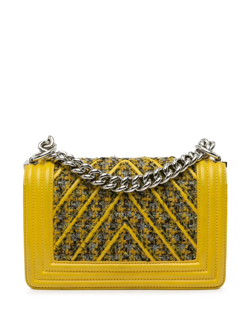 CHANEL Pre-Owned 2017-2018 Small Tweed and Lambskin Chevron Boy Flap crossbody bag - Geel