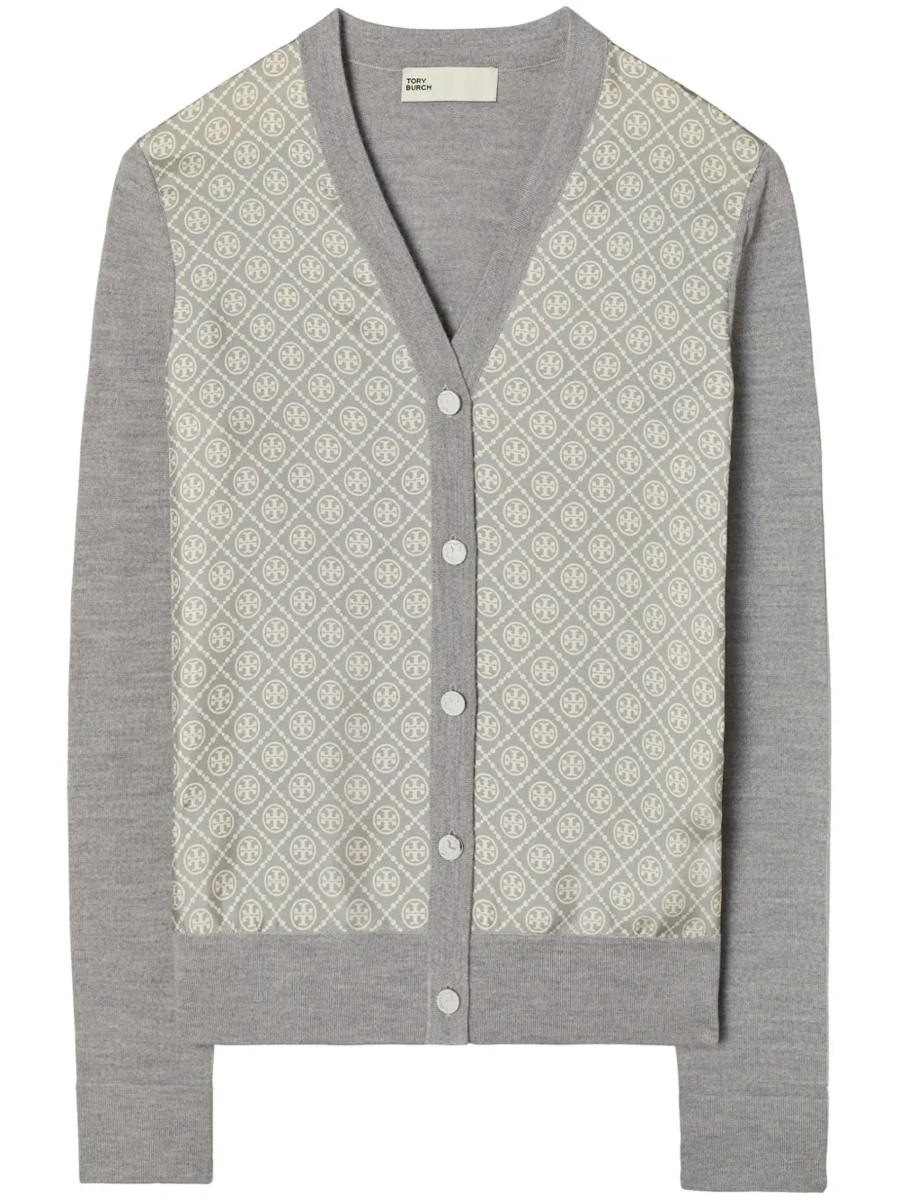 Tory Burch Merino Wool-silk Panel Cardigan In Grau