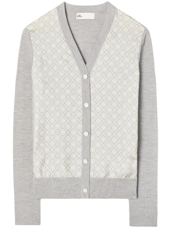 Tory Burch T-monogram wool-silk Cardigan | Grey | FARFETCH IN