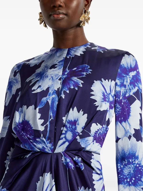 送料込/関税込■ERDEM■プリントコットンミディドレス ERDEM Draped long-sleeve Midi Dress | Blue | FARFETCH