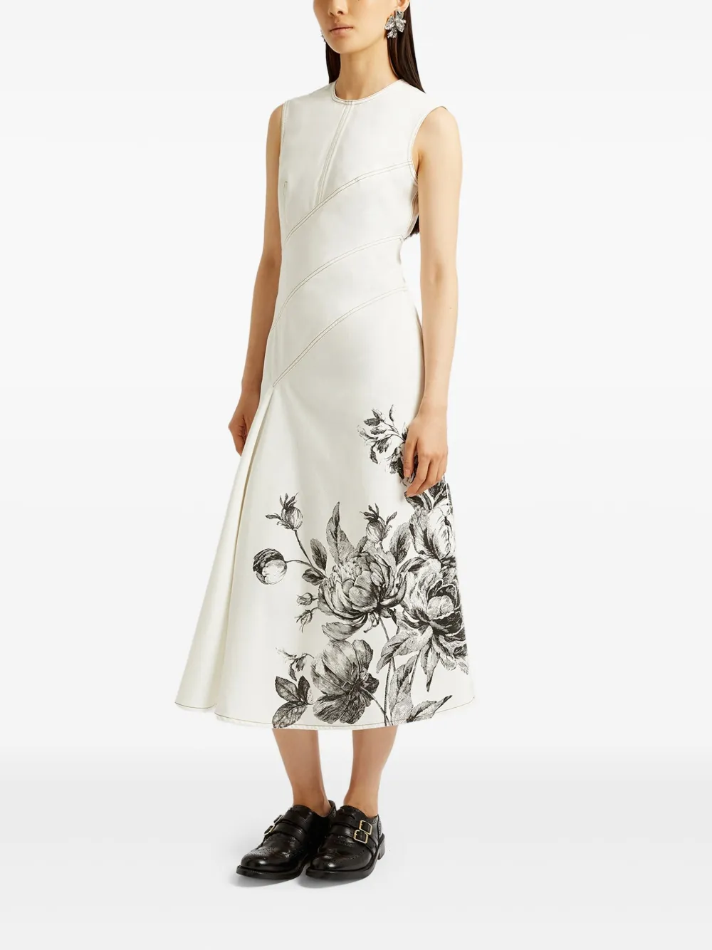 Shop Erdem Floral-print Sleeveless Midi Dress In Neutrals
