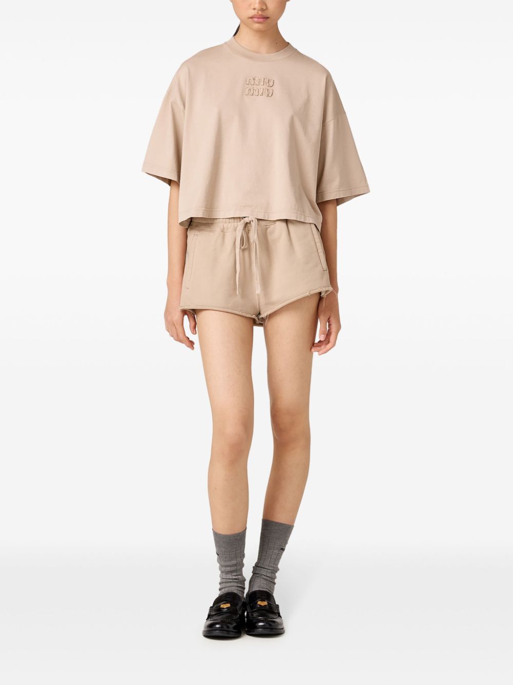 Miu Miu logo-embroidered T-shirt - Beige