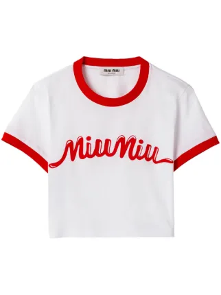 miu miu ホワイト Tシャツ 赤ロゴ Miu Miu logo-print T-shirt | White | FARFETCH AZ