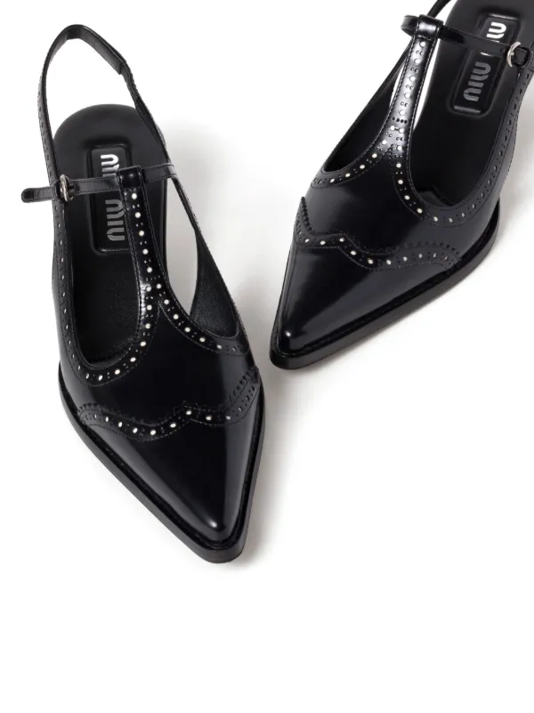 サンダル・ミュール Miu Miu Brogue Brushed Leather Slingbacks Miu Miu Brushed Leather Brogue Slingback T-strap Pumps