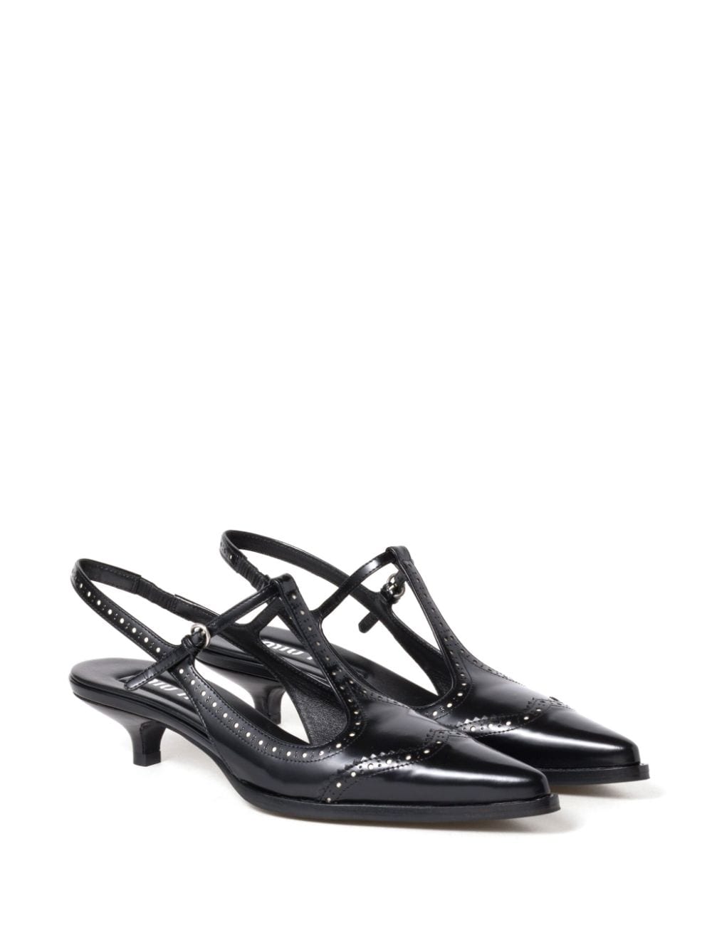 Shop Miu Miu Brushed Leather Brogue Slingback T-strap Pumps In Black