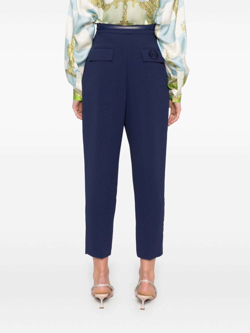 Shop Elisabetta Franchi Embroidered-logo Crepe Trousers In Blue