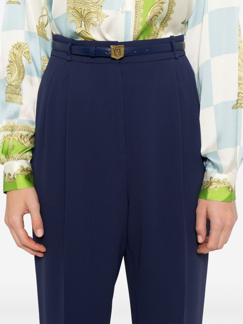 Shop Elisabetta Franchi Embroidered-logo Crepe Trousers In Blue