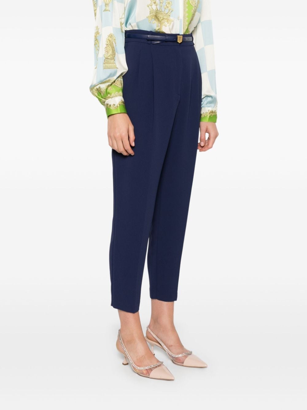 Shop Elisabetta Franchi Embroidered-logo Crepe Trousers In Blue