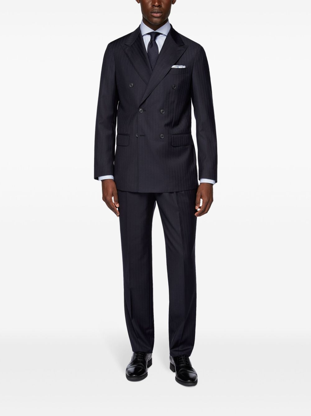 Boggi Milano Navy Blue Herringbone Double-Breasted Suit in Pure Wool - Blauw