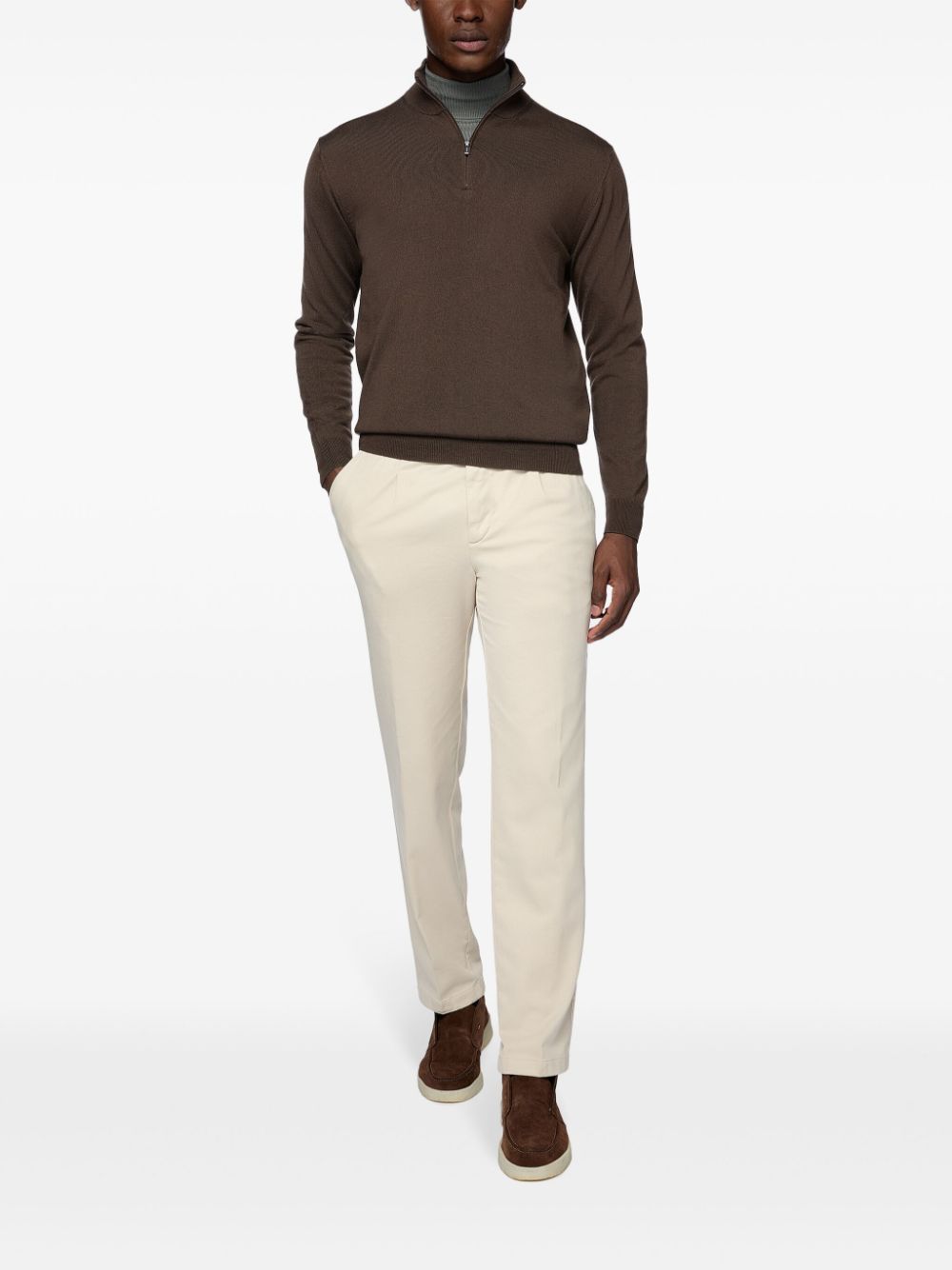 Boggi Milano Brown Merino Wool Half-Zip Jumper - Bruin