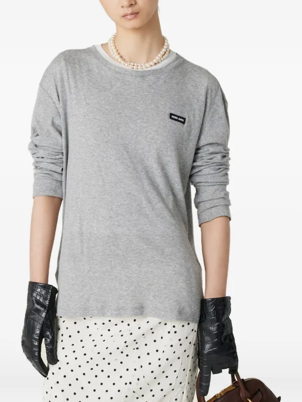 Miu Miu long-sleeved Ribbed Jersey T-shirt | Grey | FARFETCH