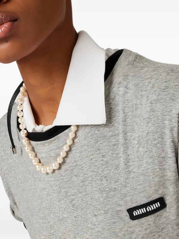 Miu Miu Ribbed Jersey T-shirt | Grey | FARFETCH