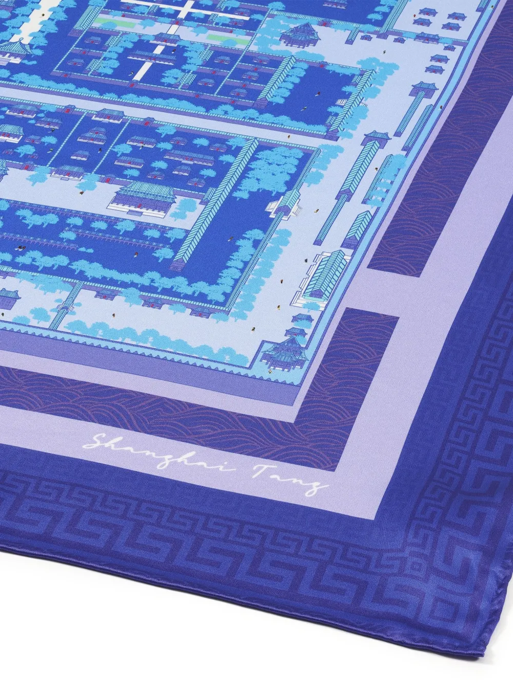 Shanghai Tang Zijden foulard met print Blauw