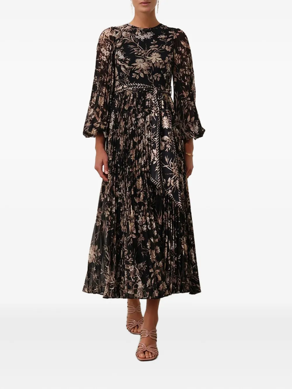 ZIMMERMANN floral-print pleated midi dress - Zwart