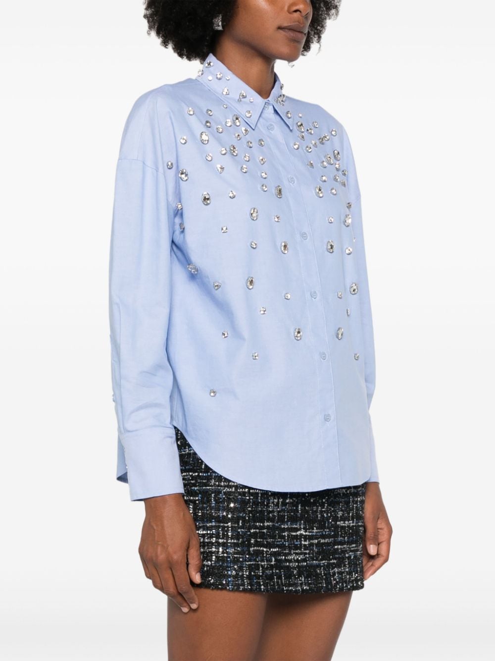 Shop Liu •jo Rhinestone-embellished Cotton Shirt In Blue