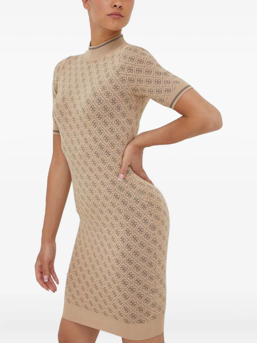 Guess Usa 4g-pattern High-neck Mini Dress In Neutral