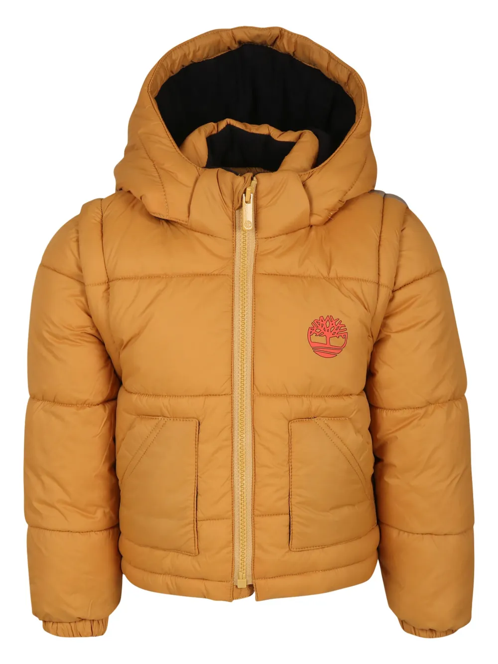 Timberland Kids Gewatteerd jack met capuchon en logoprint Geel