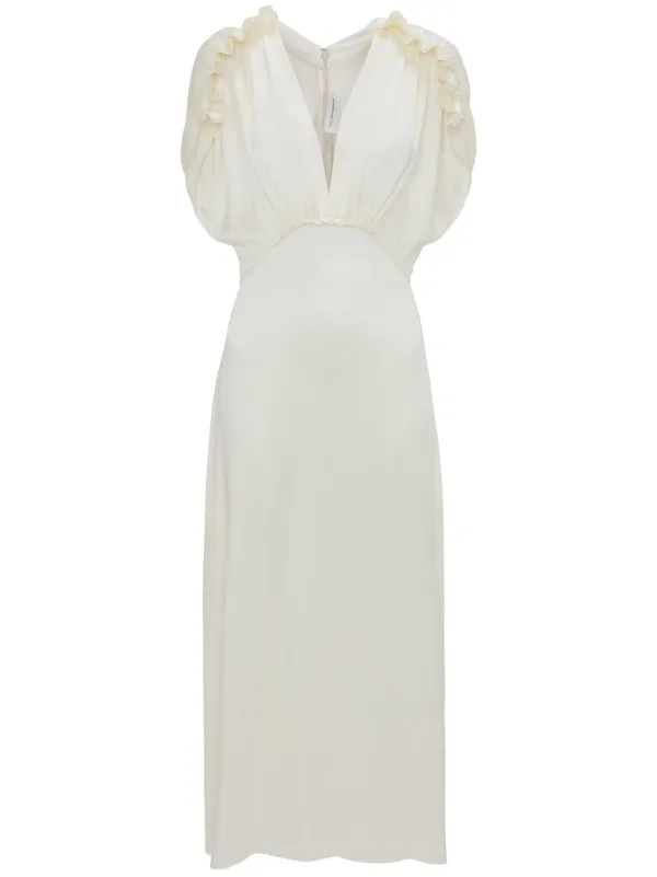 関税送料込Victoria Beckham V-Neck Ruffled Dress Victoria Beckham Ruffled V-neck Midi Dress | White | FARFETCH AU