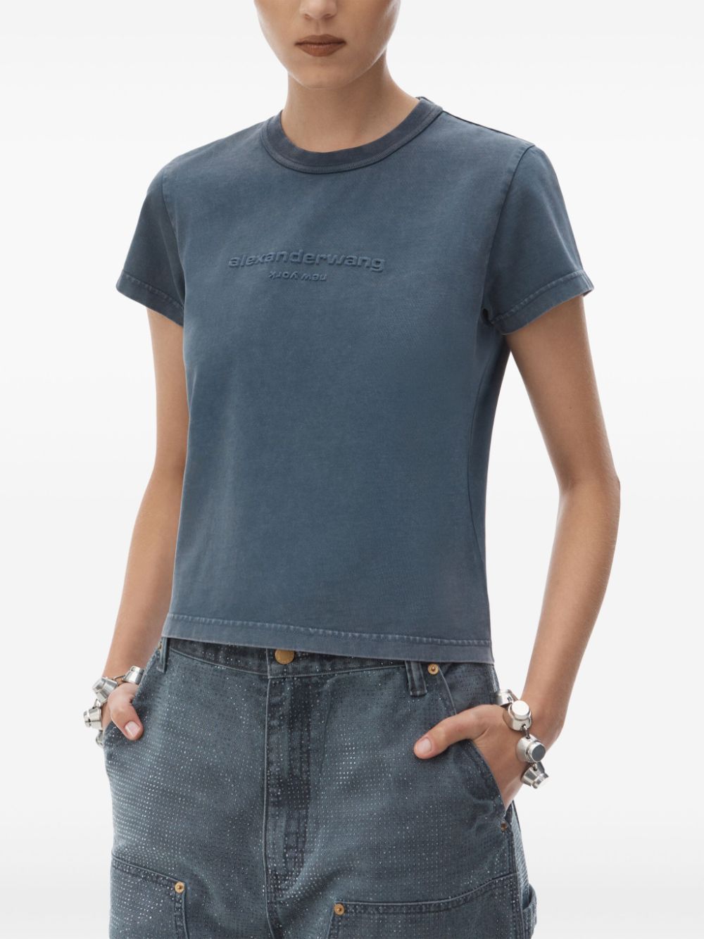 Shop Alexander Wang Logo-appliqué Shrunken T-shirt In Blue