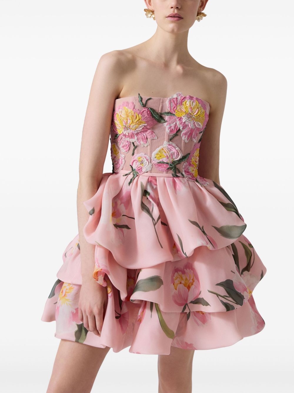 Shop Carolina Herrera Floral-print Ruffled Mini Dress In Pink