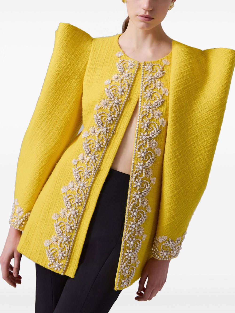 Shop Carolina Herrera Embroidered Puff-sleeves Jacket In Yellow