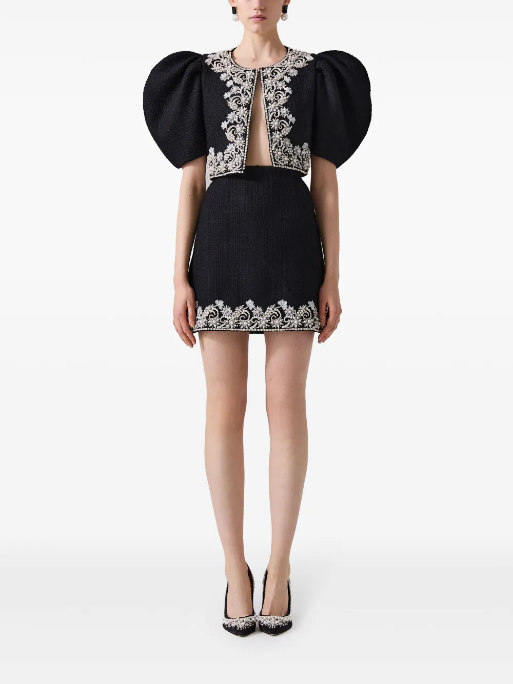 Carolina Herrera Cropped tweed jack met borduurwerk - Zwart