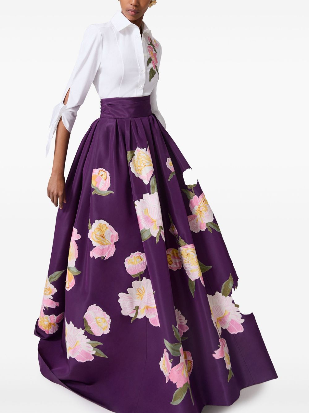 Shop Carolina Herrera Floral-embroidered Maxi Skirt In Purple