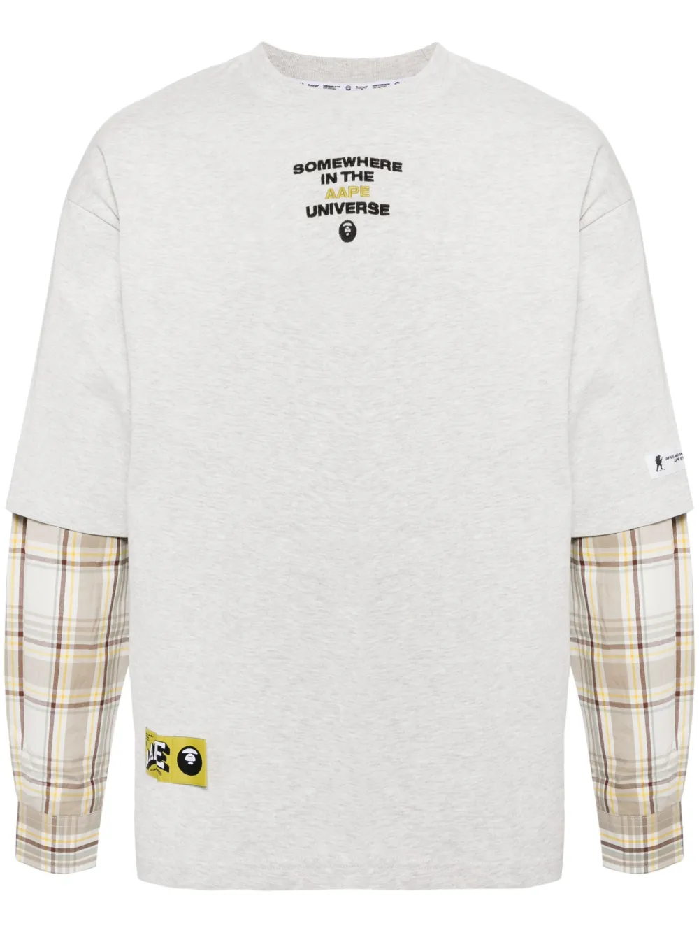 Shop Aape By A Bathing Ape Moonface Plaid-panelled Long-sleeve Tee In Grey