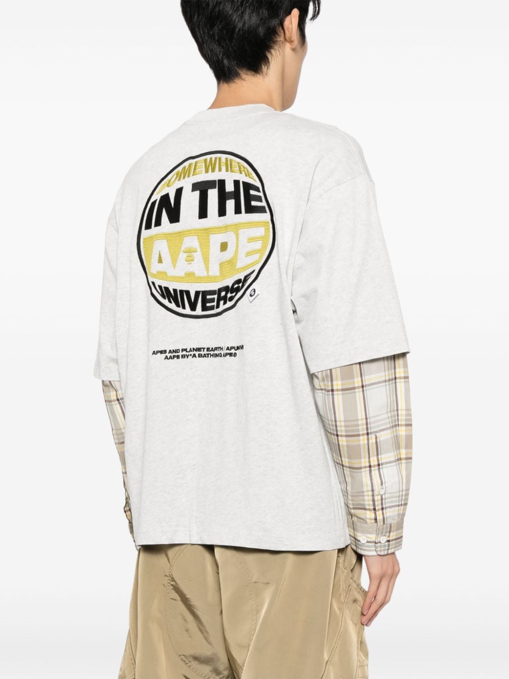 Shop Aape By A Bathing Ape Moonface Plaid-panelled Long-sleeve Tee In Grey