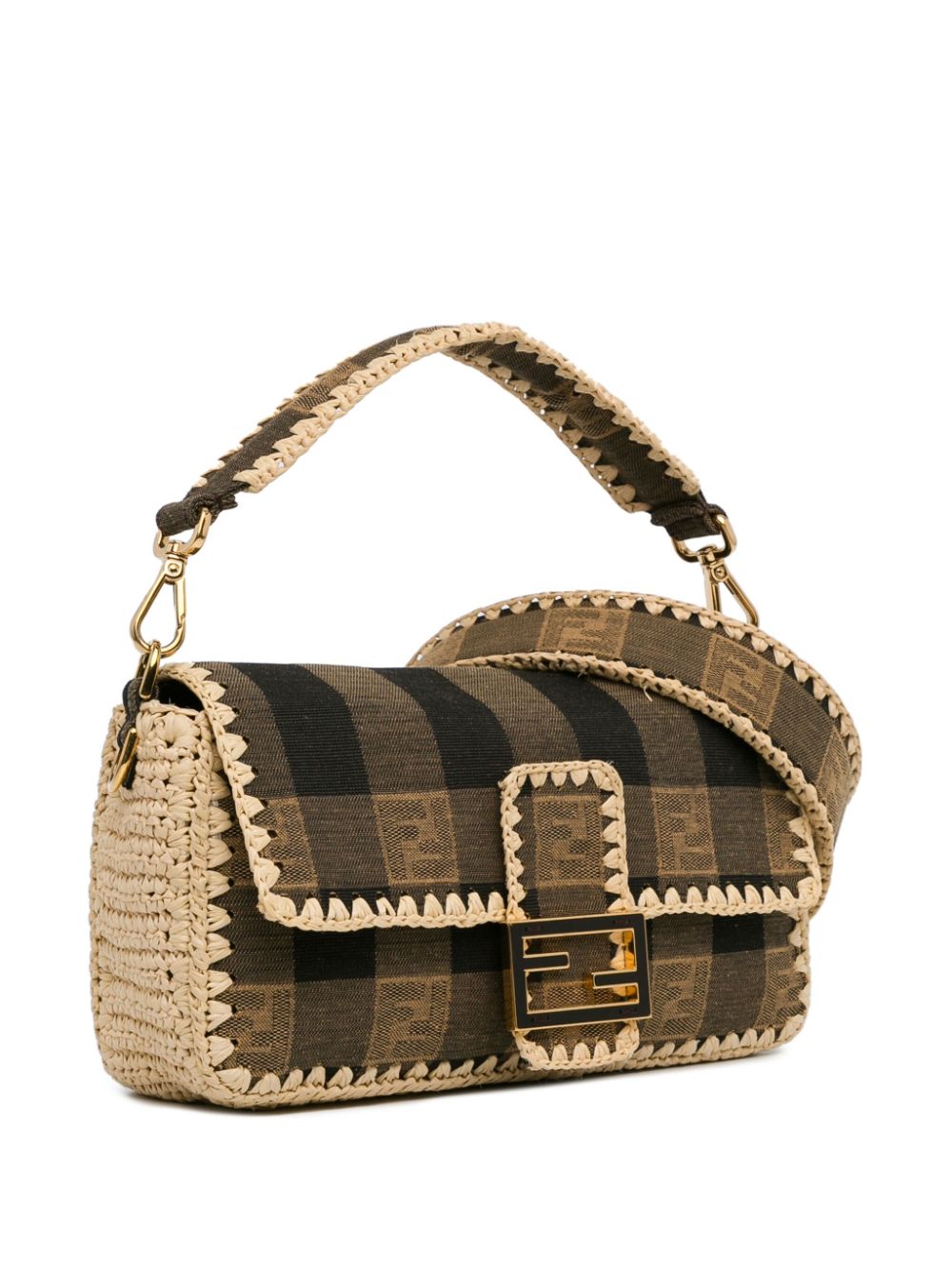 Fendi 2018-2023 Pequin Canvas and Raffia Mamma Baguette satchel