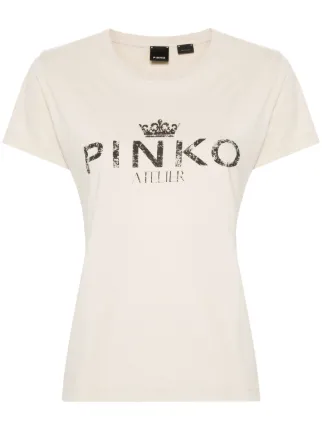 PINKO: T-shirt in jersey con logo ricamato - Giallo | T-Shirt Pinko