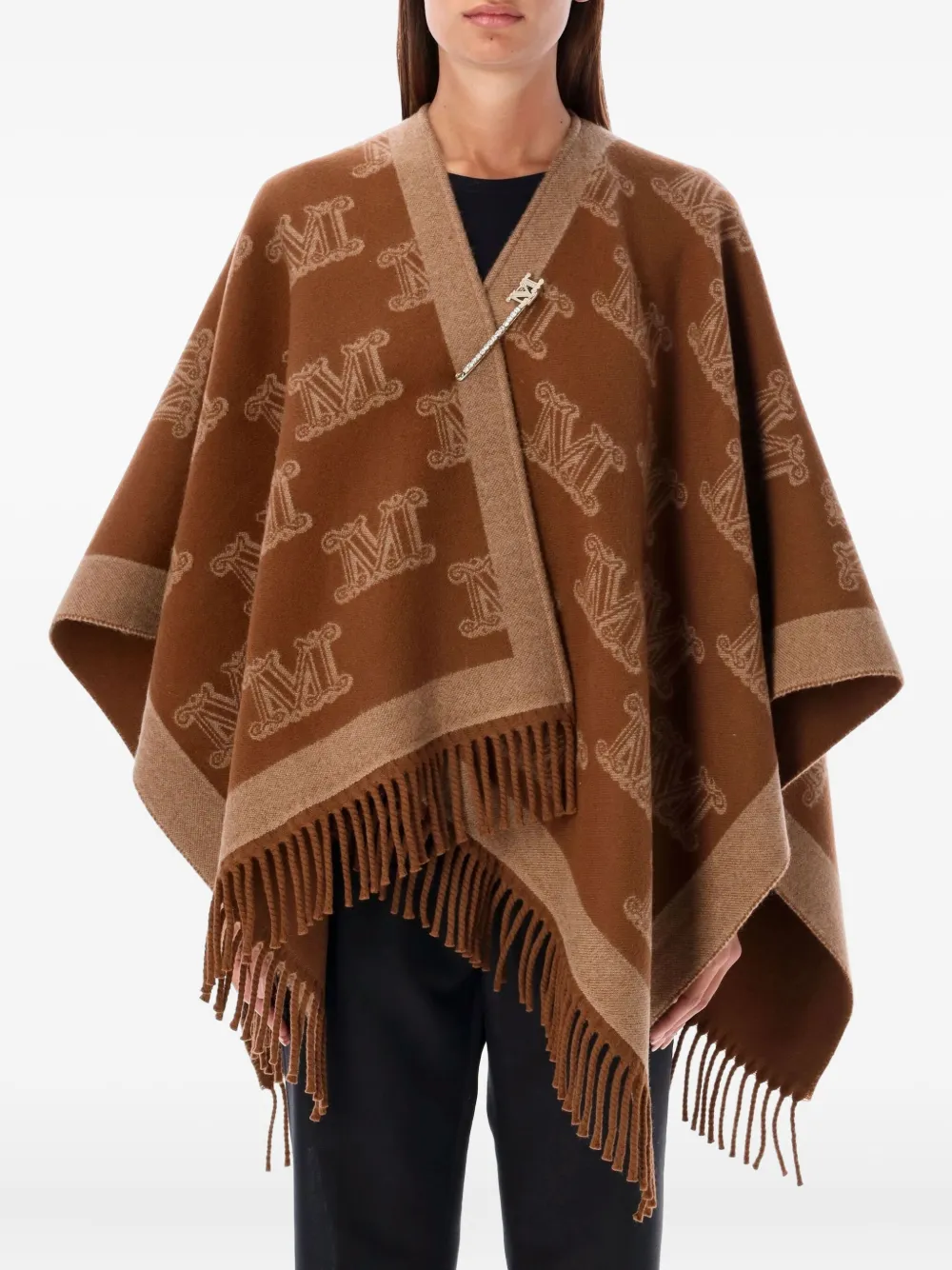 Max Mara モノグラム フリンジ ポンチョ - ブラウン Max Mara モノグラム フリンジ ポンチョ - ブラウン