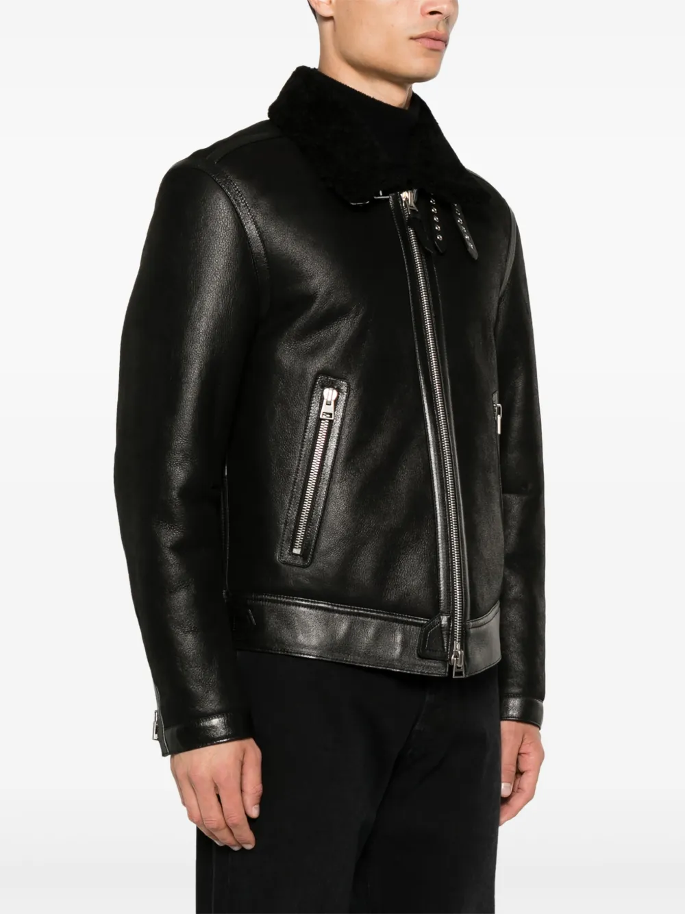 TOM FORD Leren jack met lammy kraag Zwart