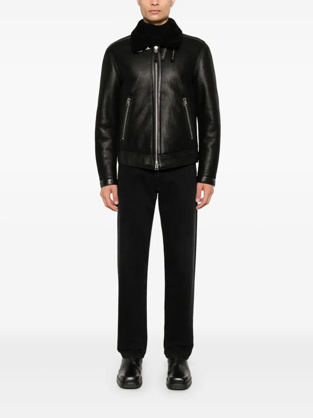 TOM FORD Leren jack met lammy kraag Zwart