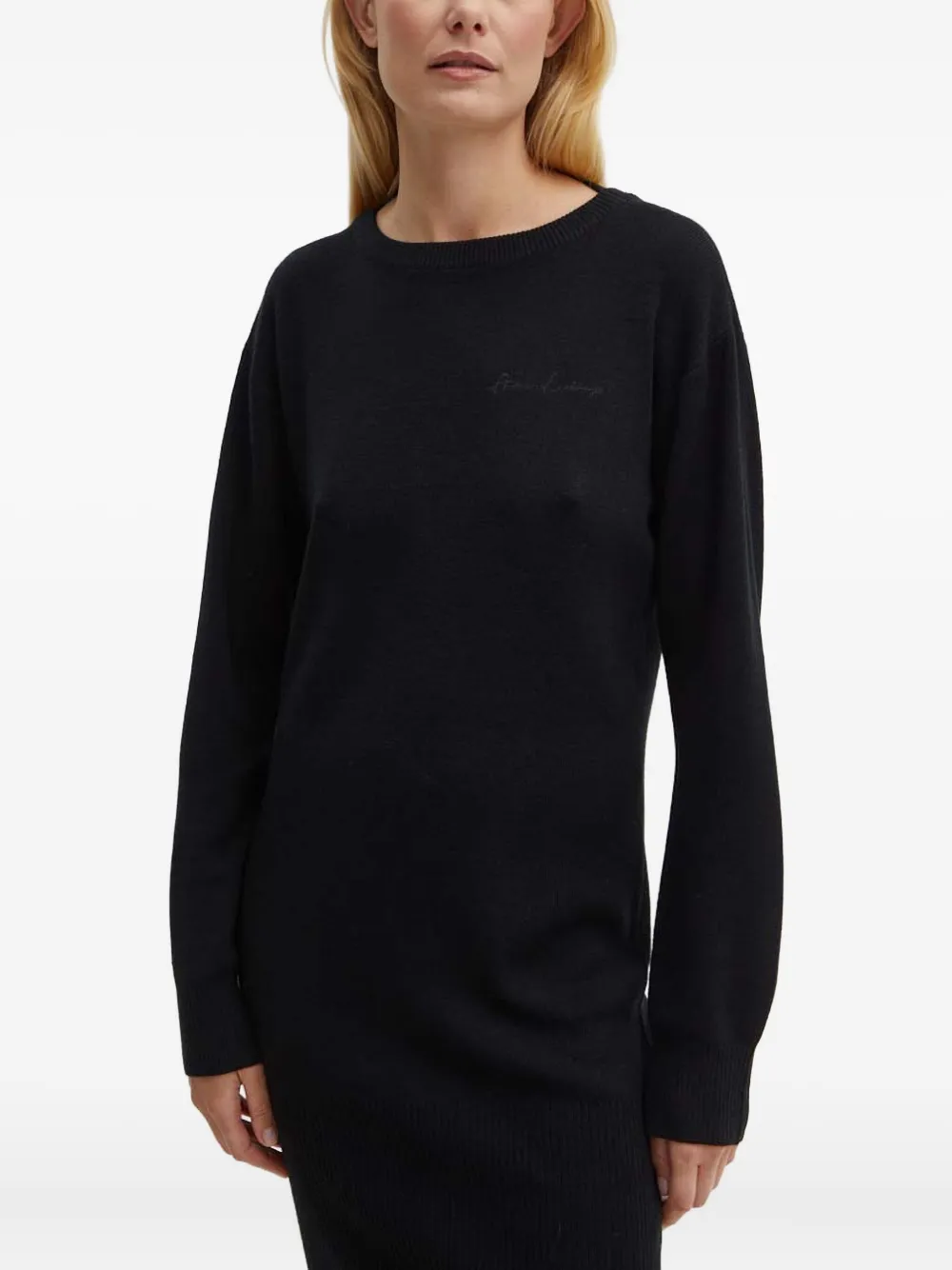 Armani Exchange Embroidered Ribbed Knit Dress In Black
