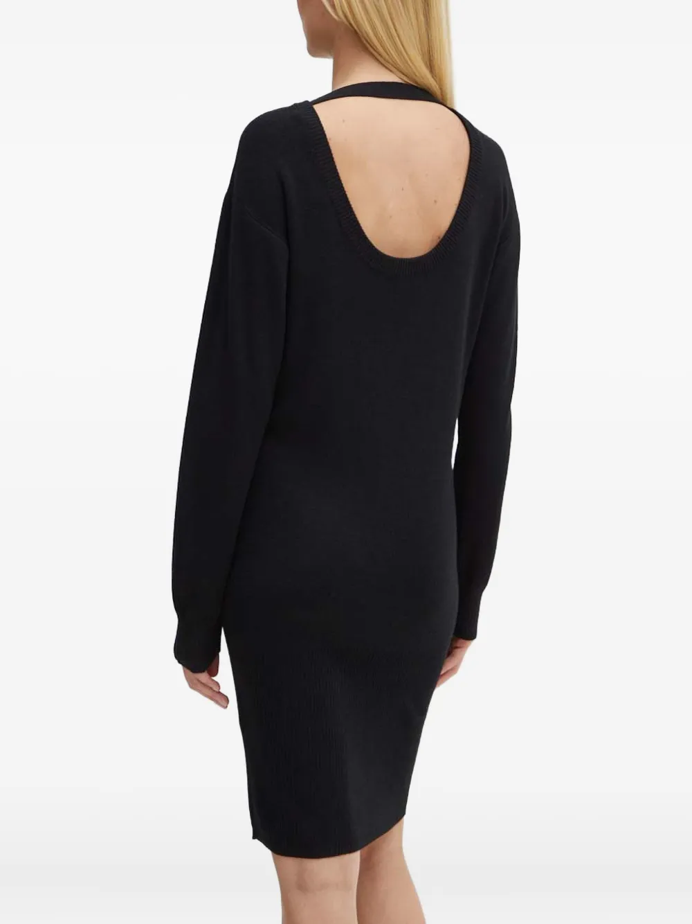 Armani Exchange Embroidered Ribbed Knit Dress In Black