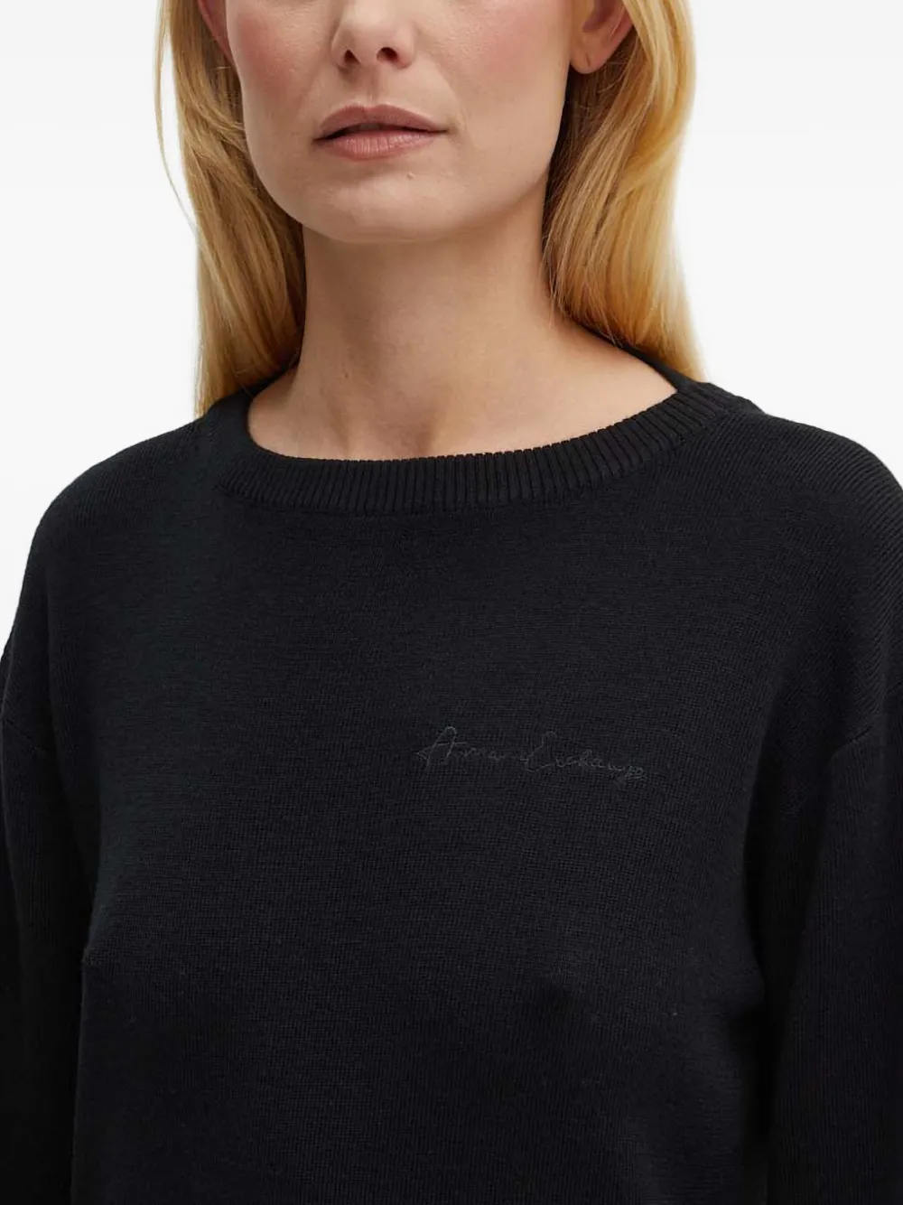 Armani Exchange Embroidered Ribbed Knit Dress In Black