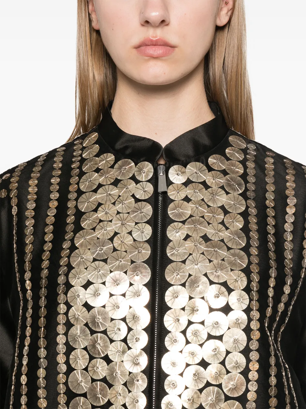 Alberta Ferretti Black Bomber Jacket With Embroideries And Golden Detail In Satin Woman In Black