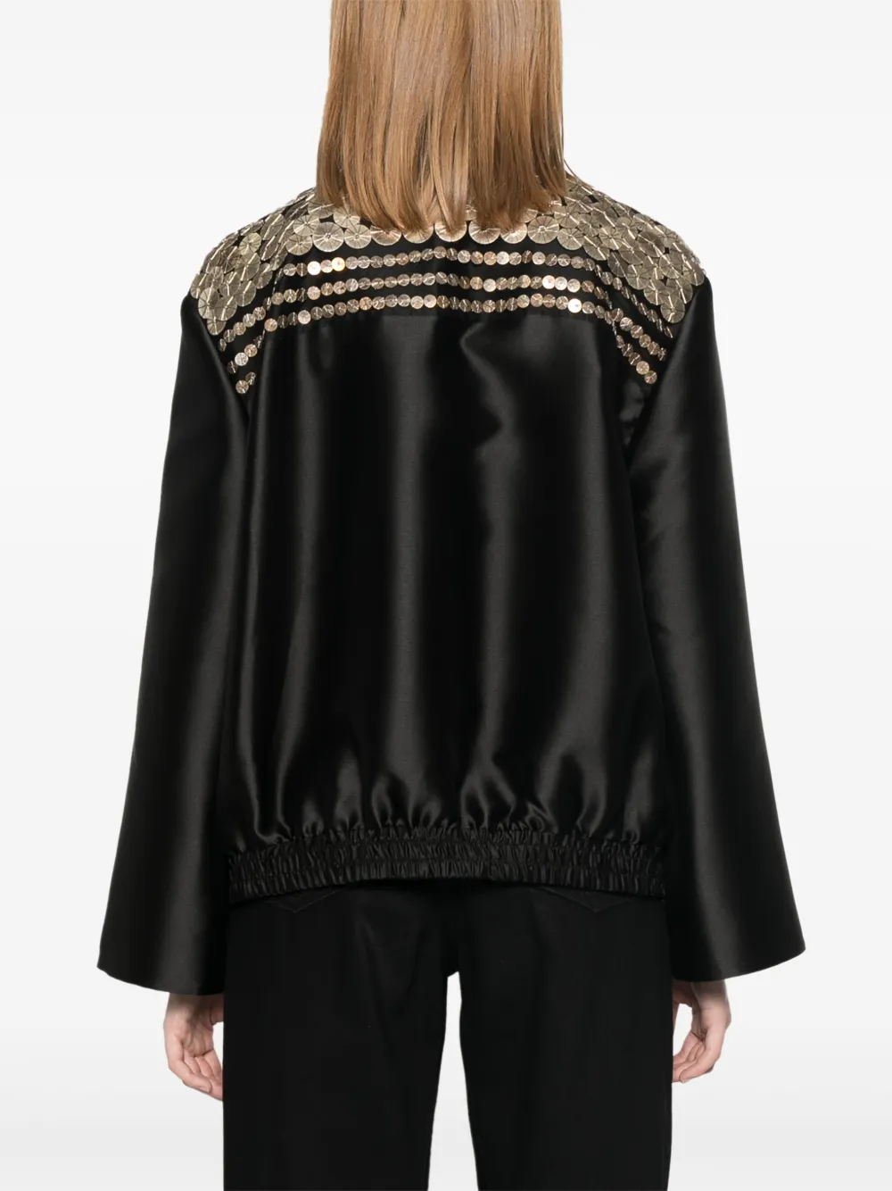 Alberta Ferretti Black Bomber Jacket With Embroideries And Golden Detail In Satin Woman In Black