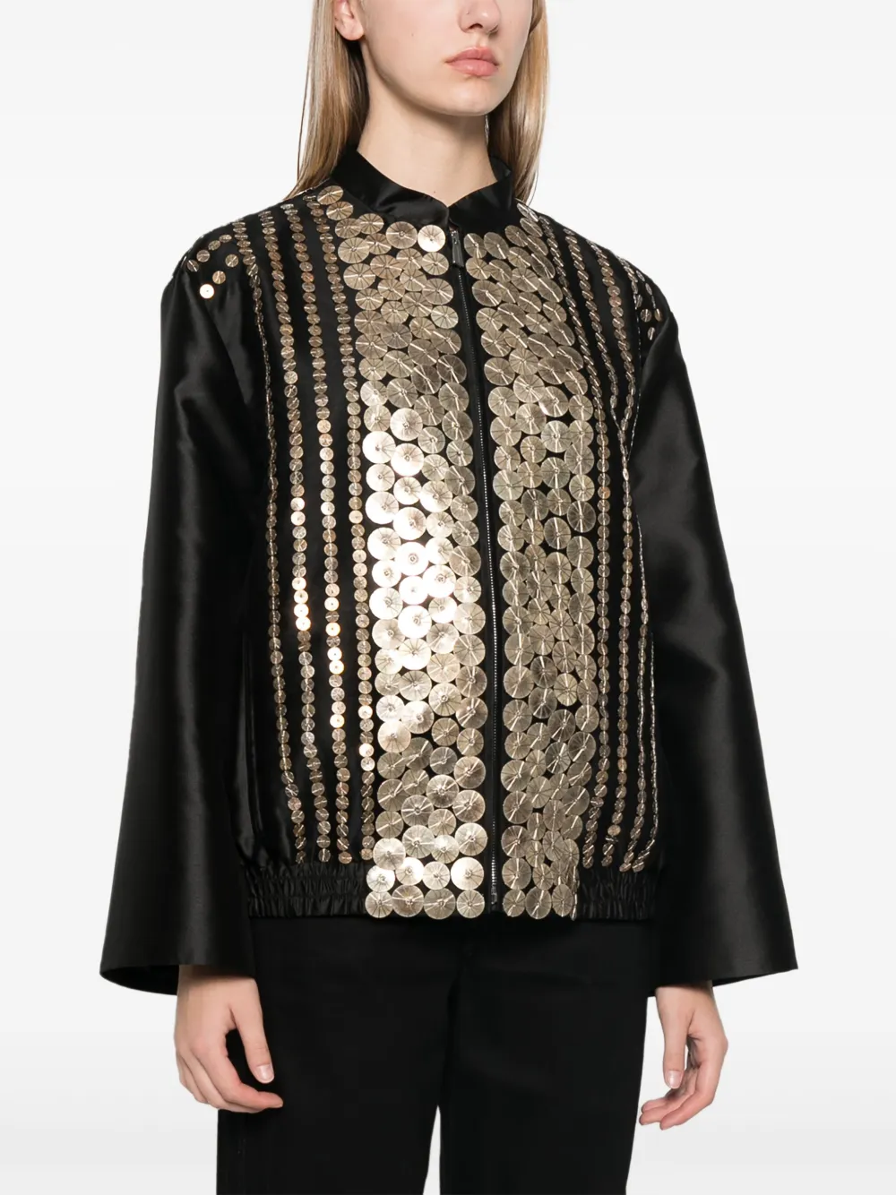 Alberta Ferretti Black Bomber Jacket With Embroideries And Golden Detail In Satin Woman In Black