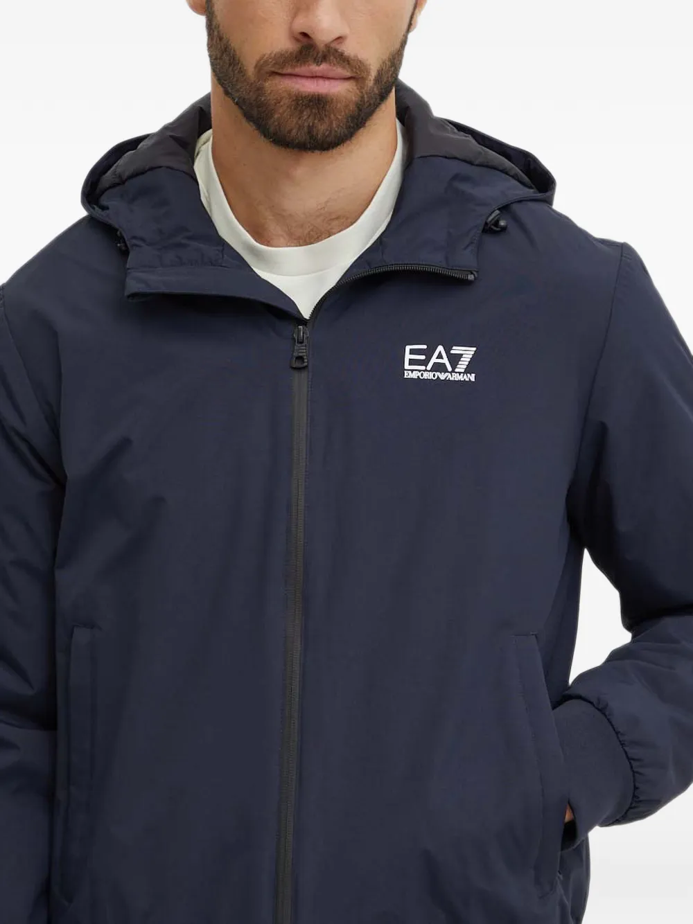 Ea7 Emporio Armani Core Identity logo-print hooded jacket Blauw
