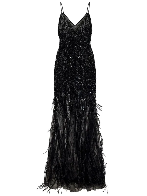 ROOM76 sequin-feather Embellished v-neck Dress Black