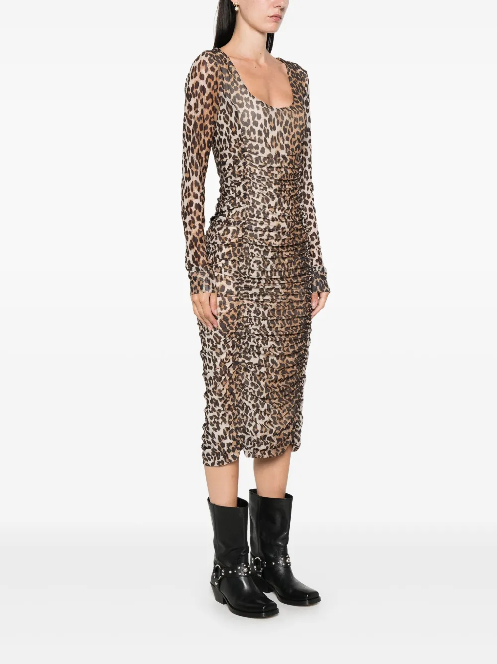 GANNI midi-jurk met luipaardprint en ruches Beige