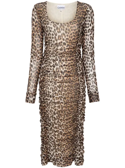 GANNI leopard-print ruched-detail midi dress Women