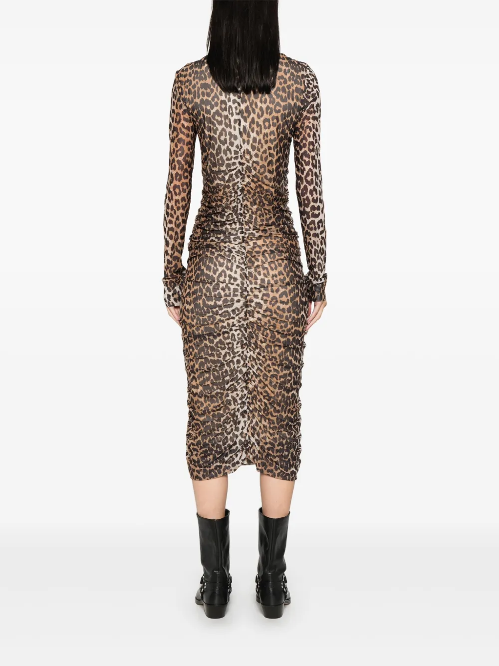 GANNI midi-jurk met luipaardprint en ruches Beige
